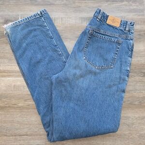 Eddie Bauer Vintage Flannel Lined Jeans Pink Plaid Blue Denim 14 Tall Distressed